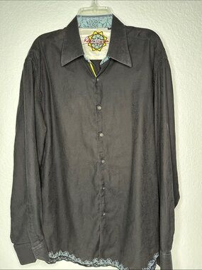 Robert Graham Black Long-Sleeve Button Shirt with Subtle Hem Contrast Print 2XL